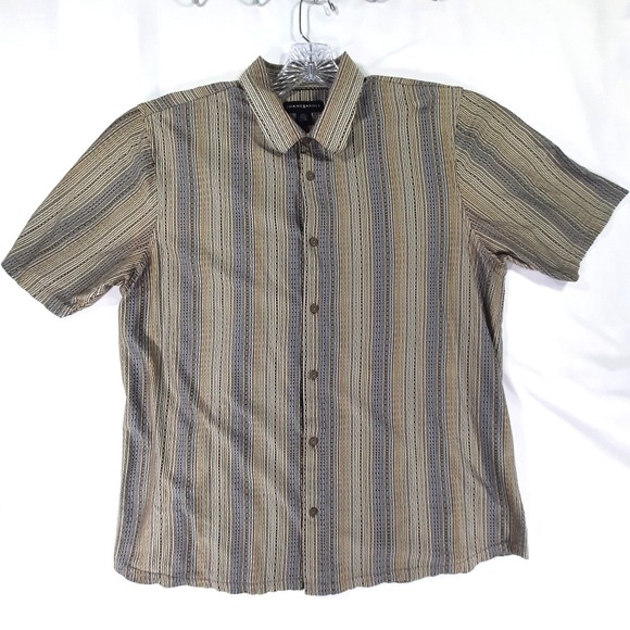 Jhane Barnes Other - Jhane Barnes Men XL Jacquard Art Deco Textured Shirt Tan Blue Vertical Stripe
